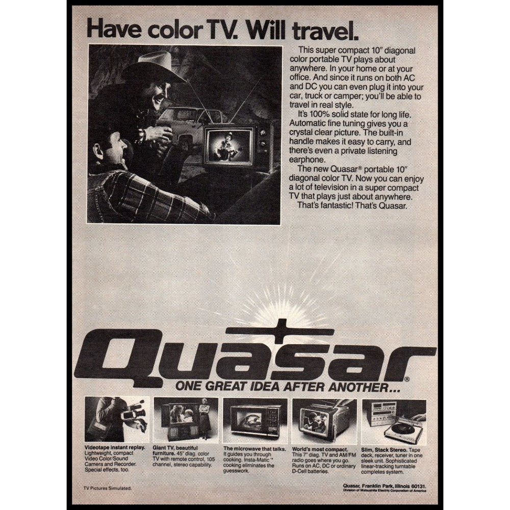 1981 Quasar Portable Color TV Vintage Print Ad 80s High Tech Electronics Photo